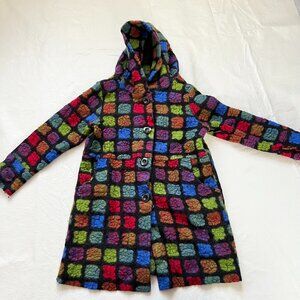 Vintage wool jacket multicolor squares grid hooded button up IT 44 mid length